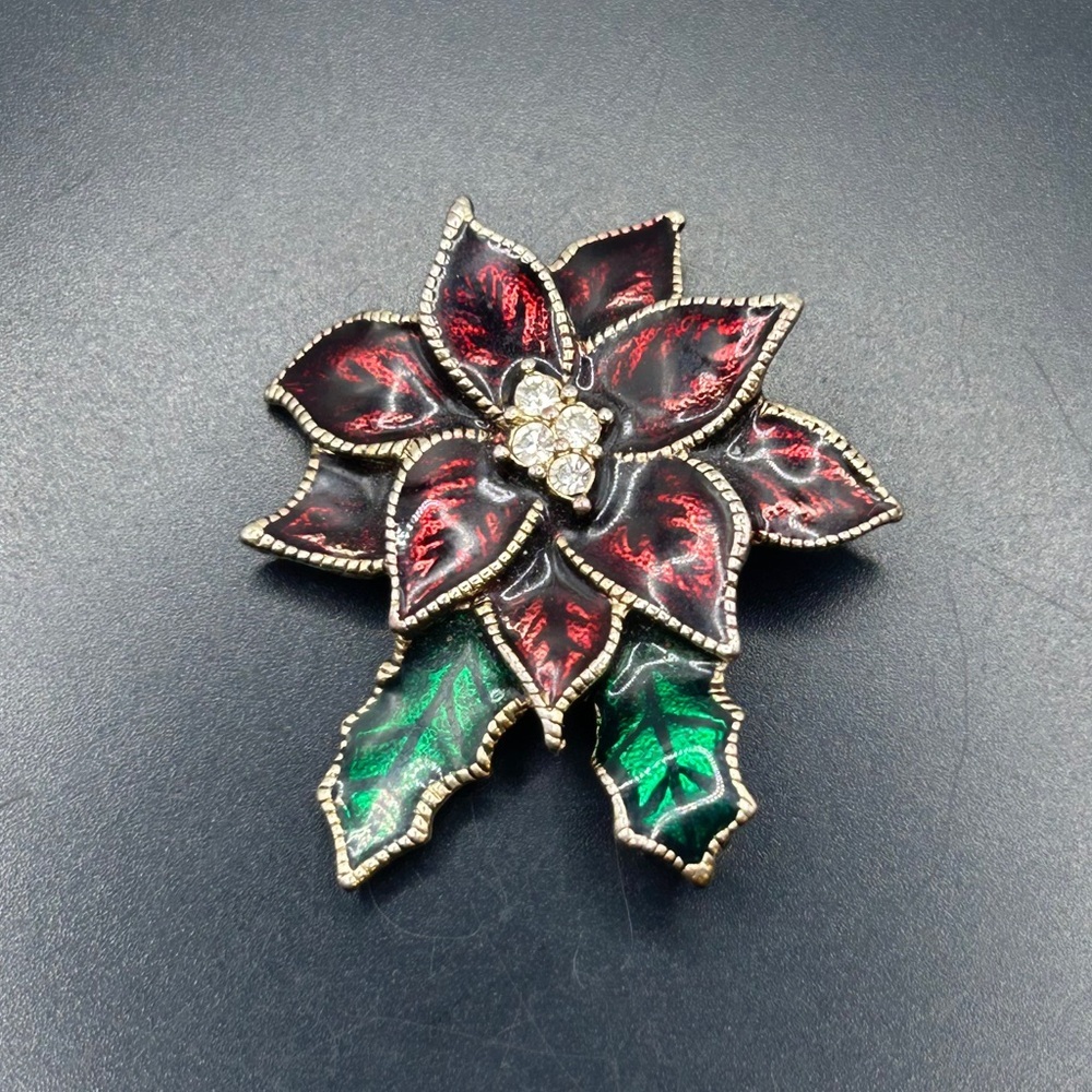 Classic Red and Green Poinsettia Brooch